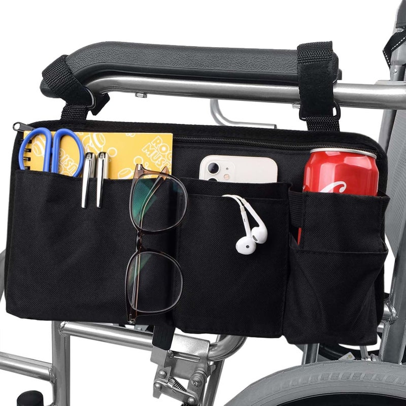 Royitay Wheelchair Side Bag with Cup Holder,Wheelchair Armrest Accessories Storage Pouch for Rollator，Walker，Power Wheelchairs，Nylon Walker Side Bag, Black - Image 1